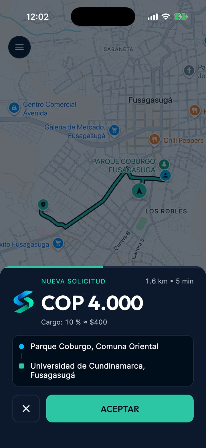 Nueva solicitud en la app: COP 4.000, cargo del 10 %, ruta del Parque Coburgo a la Universidad de Cundinamarca