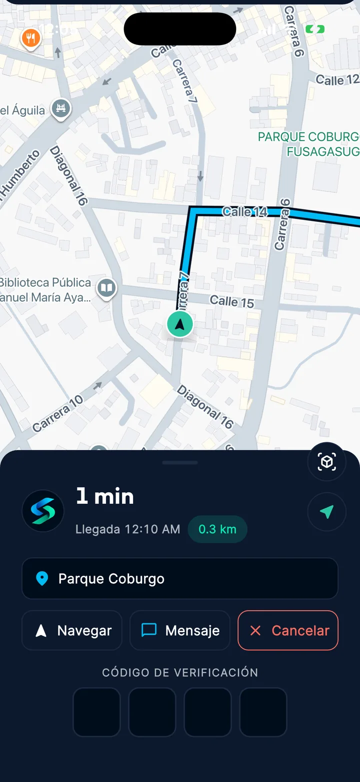 Panel del viaje en la app con el campo del código de verificación