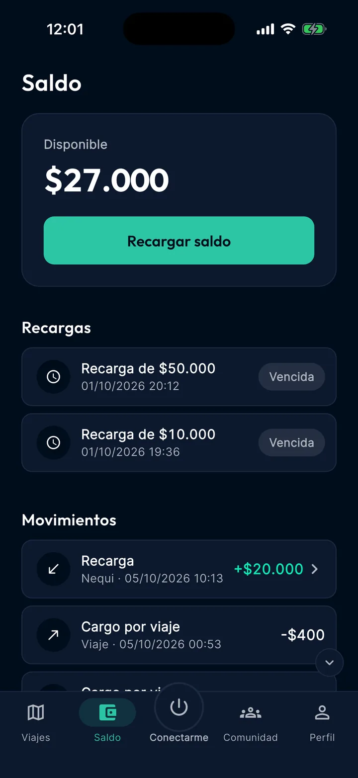 Pantalla de Saldo: $27.000 disponibles, botón para recargar, dos recargas sin completar marcadas como vencidas, una recarga por Nequi de $20.000 y un cargo de $400 por viaje