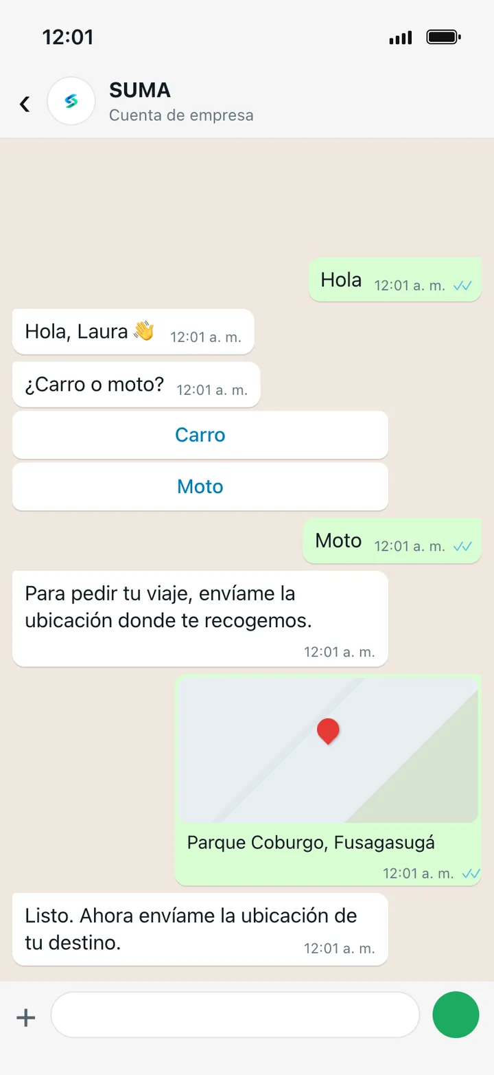 Chat con el bot: la pasajera elige moto y comparte la ubicación del Parque Coburgo