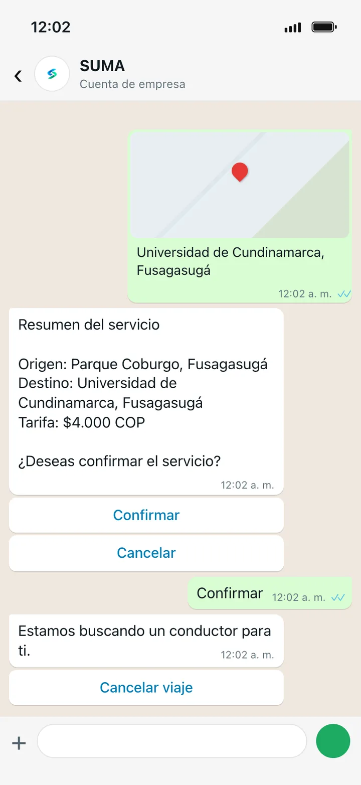 Chat con el resumen del servicio, tarifa de $4.000, confirmación y búsqueda de conductor