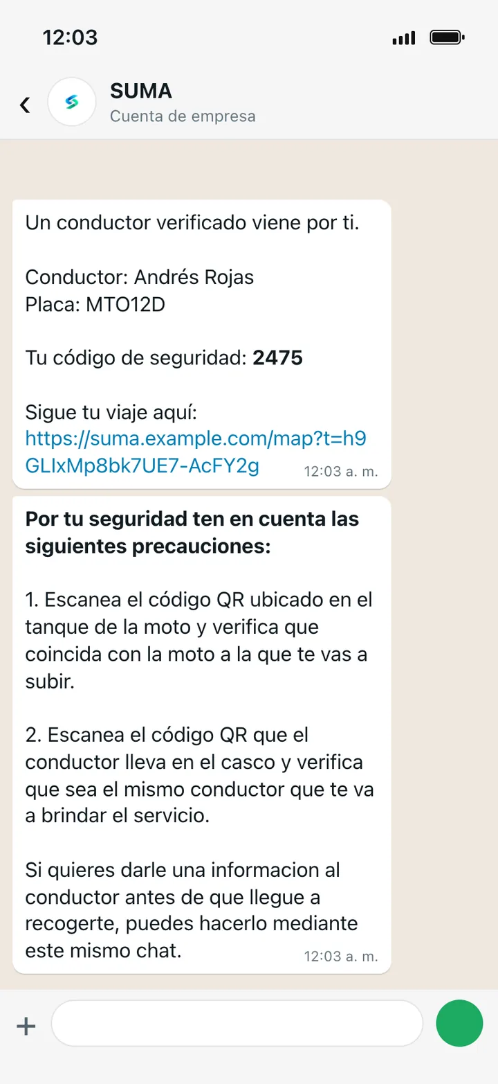 Chat con el conductor asignado, la placa, el código de seguridad y las indicaciones del QR en el tanque y en el casco