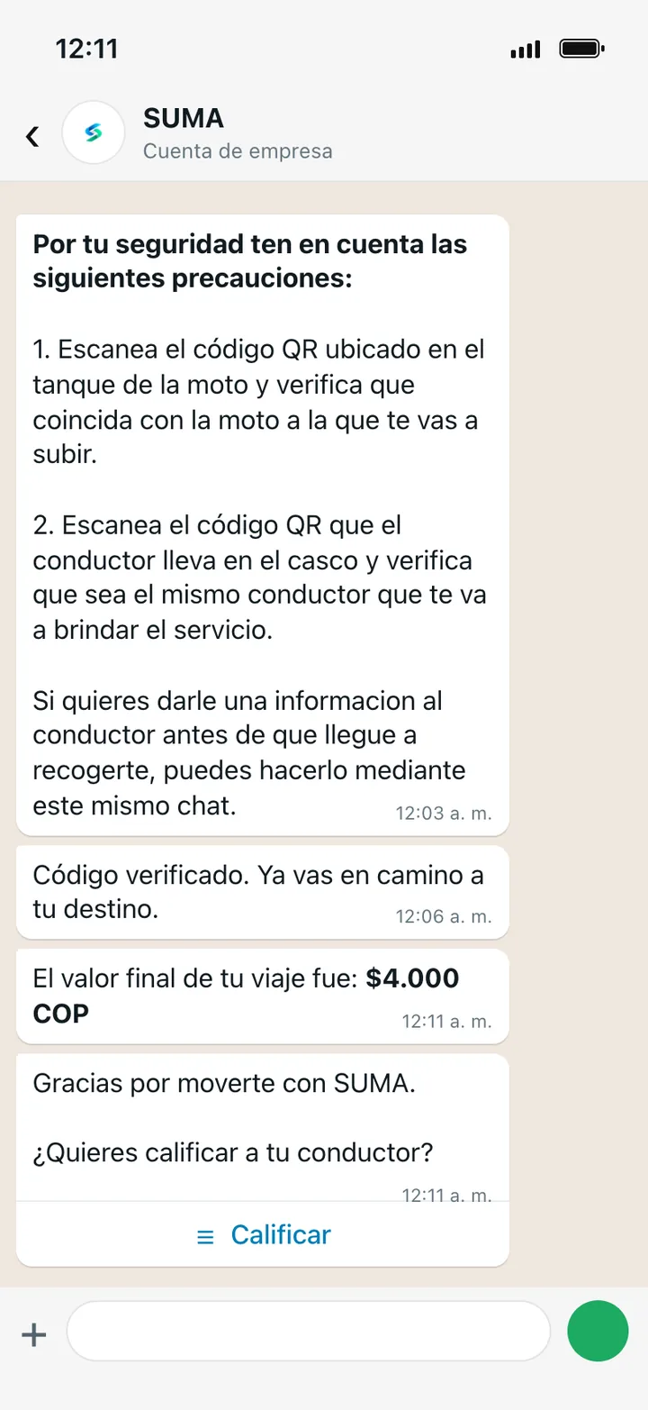 Chat con el valor final de $4.000 y la invitación a calificar al conductor