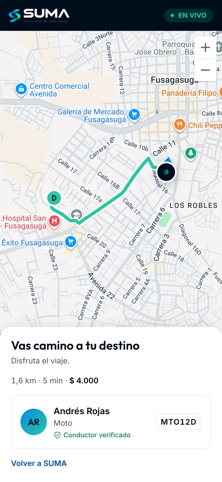Mapa en vivo del viaje hacia el destino, con el conductor y la placa